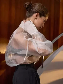 Shirt For Women White Stand Collar Clothes Chic Buttons Long Sleeves Tops