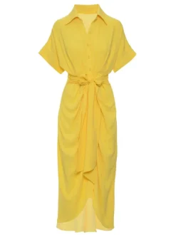 Shirt Midi Dress Pink Turndown Collar Pleated Short Sleeves Layered Dresses