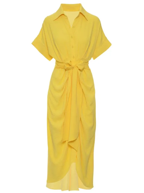 Shirt Midi Dress Pink Turndown Collar Pleated Short Sleeves Layered Dresses