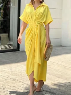 Shirt Midi Dress Pink Turndown Collar Pleated Short Sleeves Layered Dresses