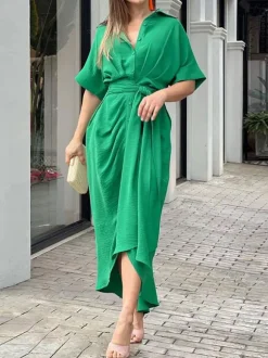 Shirt Midi Dress Pink Turndown Collar Pleated Short Sleeves Layered Dresses