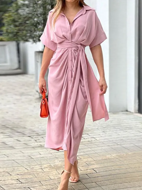 Shirt Midi Dress Pink Turndown Collar Pleated Short Sleeves Layered Dresses