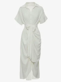 Shirt Midi Dress Pink Turndown Collar Pleated Short Sleeves Layered Dresses