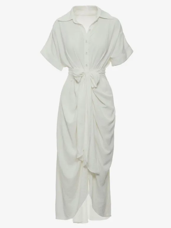 Shirt Midi Dress Pink Turndown Collar Pleated Short Sleeves Layered Dresses