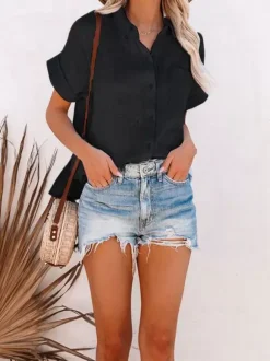 Shirt For Women Black Turndown Collar Casual Buttons Short Sleeves Tops