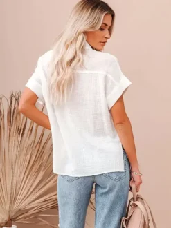 Shirt For Women Black Turndown Collar Casual Buttons Short Sleeves Tops