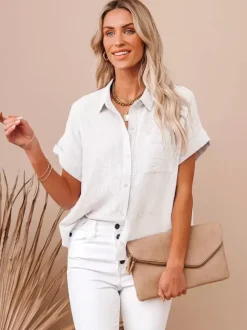Shirt For Women Black Turndown Collar Casual Buttons Short Sleeves Tops