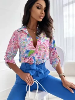 Shirt For Women Blue Floral Print Turndown Collar Chic Long Sleeves Polyester Tops