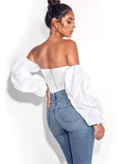 Shirt For Women Blue Strapless Sexy Long Sleeves Tops