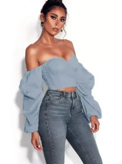 Shirt For Women Blue Strapless Sexy Long Sleeves Tops