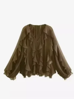 Shirt For Women Burgundy V-Neck Clothes Casual Buttons Ruffles Long Sleeves Tops