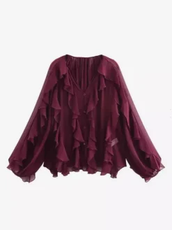 Shirt For Women Burgundy V-Neck Clothes Casual Buttons Ruffles Long Sleeves Tops