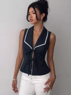 Shirt For Women Deep Blue Color Block Lace Up Turndown Collar Sexy Sleeveless Tops