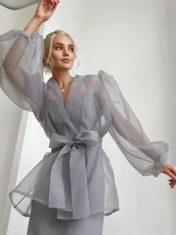 Shirt For Women Gray Stretch Pleated Lace Up V-Neck Casual Long Sleeves Tulle Tops
