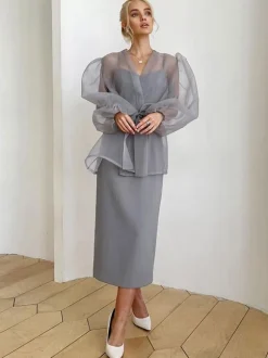 Shirt For Women Gray Stretch Pleated Lace Up V-Neck Casual Long Sleeves Tulle Tops