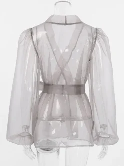 Shirt For Women Gray Stretch Pleated Lace Up V-Neck Casual Long Sleeves Tulle Tops