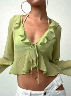 Shirt For Women Green Polyester V-Neck Pleated Casual Lace Up Long Sleeves Tops