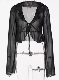 Shirt For Women Green Polyester V-Neck Pleated Casual Lace Up Long Sleeves Tops