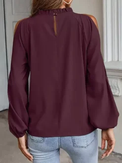 Shirt For Women Red Jewel Neck Casual Long Sleeves Tops