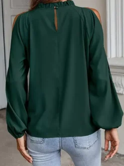 Shirt For Women Red Jewel Neck Casual Long Sleeves Tops