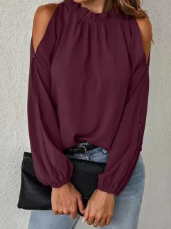 Shirt For Women Red Jewel Neck Casual Long Sleeves Tops