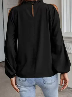 Shirt For Women Red Jewel Neck Casual Long Sleeves Tops