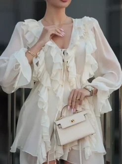 Shirt For Women White Ruffles V-Neck Elegant Long Sleeves Tops