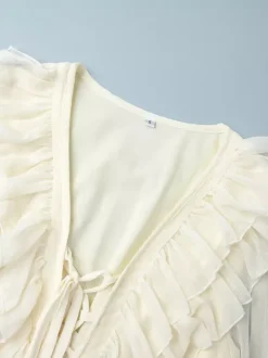Shirt For Women White Ruffles V-Neck Elegant Long Sleeves Tops
