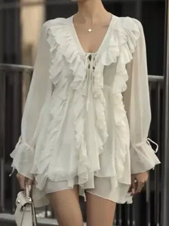 Shirt For Women White Ruffles V-Neck Elegant Long Sleeves Tops