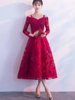 Short Cocktail Dress Burgundy Lace Graduation Dress Cold Shoulder Long Sleeve Tea Length Party Dress
