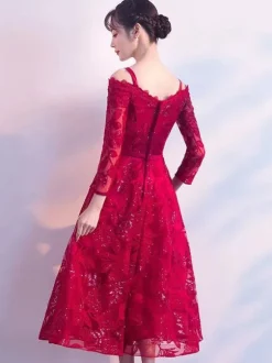 Short Cocktail Dress Burgundy Lace Graduation Dress Cold Shoulder Long Sleeve Tea Length Party Dress