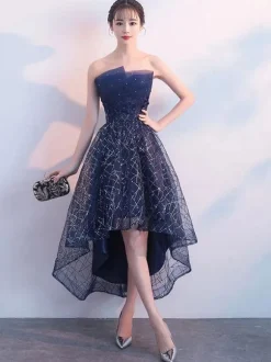 Short Cocktail Dress Strapless Sequin Dark Navy High Low Party Dress Free Customization