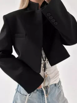 Short Length Mandarin Collar Suit Jacket Front Pocket Slim Cropped Outerwear