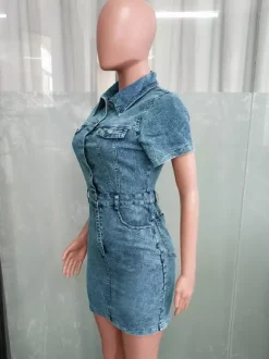 Short Sleeve Denim Dress For Women - Medium Wash Streetwear Button Up Bodycon Mini Jean Dress - Spring Night Out 2026