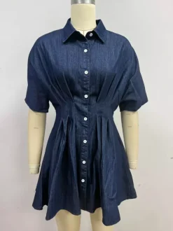 Short Sleeve Mini Denim Dress For Women - Dark Blue Pleated Waist Button Down Jean Shirt Dress - Summer Casual Party 2026