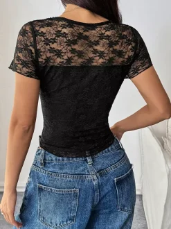 Short Sleeves Black Lace T-shirt With Sheer Detail 2026