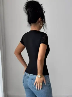 Short Sleeves Tees Black Lace Asymmetrical Neck Women Tee Shirt