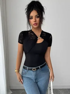 Short Sleeves Tees Black Lace Asymmetrical Neck Women Tee Shirt