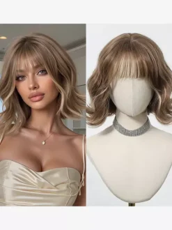Short Water Wave Bob Synthetic Wig Air Bang Multi Color Heat Resistant Women Wig