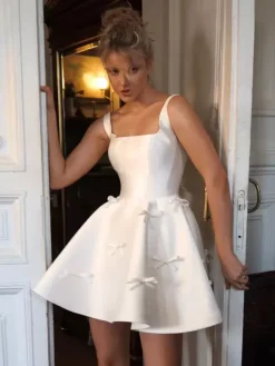 Short Wedding Dress Short Square Neck Sleeveless Princess Silhouette Natural Waist Satin Fabric Bridal Dresses