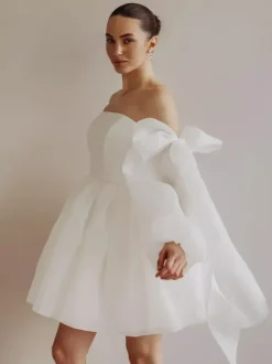 Short Wedding Dress Short Strapless Long Sleeves Princess Silhouette Natural Waist Organza Bridal Gowns