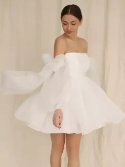 Short Wedding Dress Short Strapless Long Sleeves Princess Silhouette Natural Waist Organza Bridal Gowns