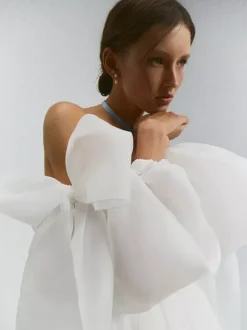 Short Wedding Dress Short Strapless Long Sleeves Princess Silhouette Natural Waist Organza Bridal Gowns