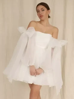 Short Wedding Dress Short Strapless Long Sleeves Princess Silhouette Natural Waist Organza Bridal Gowns