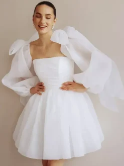 Short Wedding Dress Short Strapless Long Sleeves Princess Silhouette Natural Waist Organza Bridal Gowns