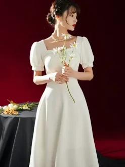 Short Wedding Dress Square Neck Short Sleeves A-Line Tea-Length Bridal Dresses Free Customization