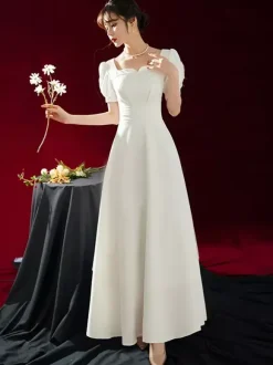 Short Wedding Dress Square Neck Short Sleeves A-Line Tea-Length Bridal Dresses Free Customization
