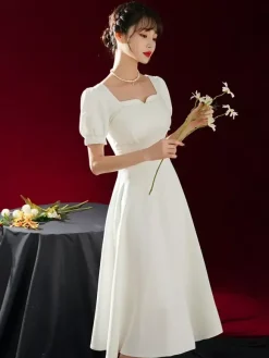 Short Wedding Dress Square Neck Short Sleeves A-Line Tea-Length Bridal Dresses Free Customization