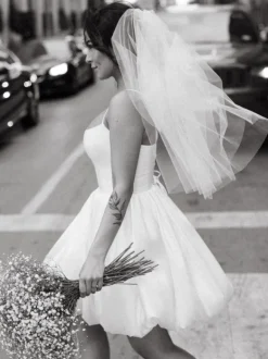 Short Wedding Dress Square Neck Sleeveless A-Line Satin Fabric Bridal Dress Free Customization
