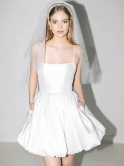 Short Wedding Dress Square Neck Sleeveless A-Line Satin Fabric Bridal Dress Free Customization
